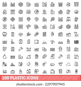 100 plastic icons set. Outline illustration of 100 plastic icons vector set isolated on white background