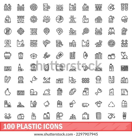100 plastic icons set. Outline illustration of 100 plastic icons vector set isolated on white background