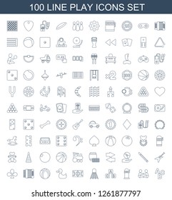 100 play icons. Trendy play icons white background. Included line icons such as ABC, baby playing with another baby, Slot machine, ABC cube, shuttlecock. play icon for web and mobile.