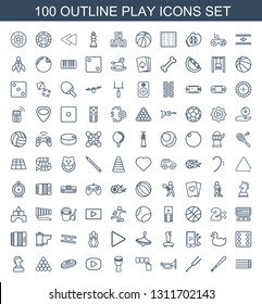 100 play icons. Trendy play icons white background. Included outline icons such as guitar strings, baseball bat, tonometer, trumpet, push button. play icon for web and mobile.