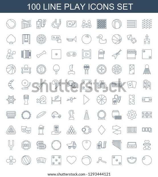 100\
play icons. Trendy play icons white background. Included line icons\
such as bowling ball, baby toy, Dice, waterslide, beach ball,\
Hearts, playing card. play icon for web and\
mobile.