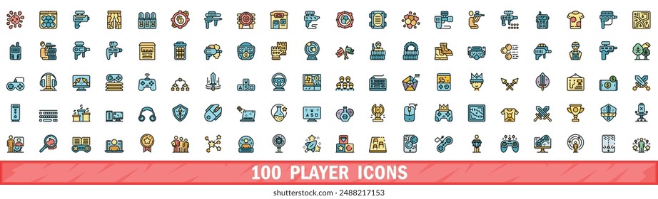 100 player icons set. Color line set of player vector icons thin line color flat on white