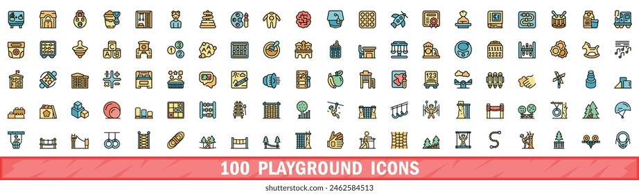 100 playground icons set. Color line set of playground vector icons thin line color flat on white