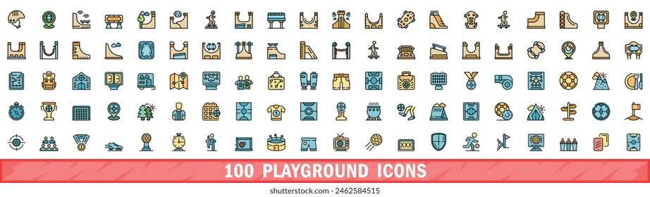 100 playground icons set. Color line set of playground vector icons thin line color flat on white
