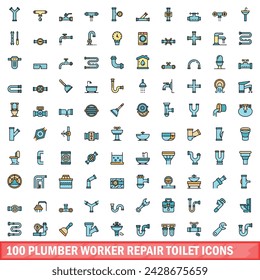 100 Iconos de inodoro de la reparación del trabajador del fontanero. Conjunto de línea de color de los iconos del vector del inodoro de la reparación del trabajador del plomero línea delgada color plana en blanco