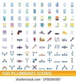 100 plumbing icons set. Cartoon illustration of 100 plumbing icons vector set isolated on white background