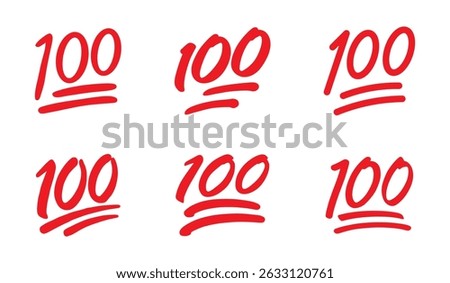 100 points emoji set in red color vector collection. 100 percent emoji. Red hundred symbol modern, simple, vector, icon. Vector illustration