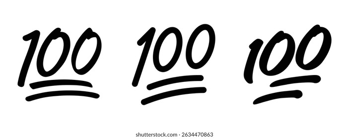 100 points emoji set vector collection in black color. 100 percent emoji. Hundred sticker isolated on white background.
