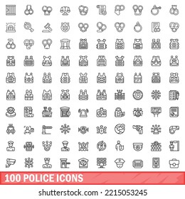 100 police icons set. Outline illustration of 100 police icons vector set isolated on white background