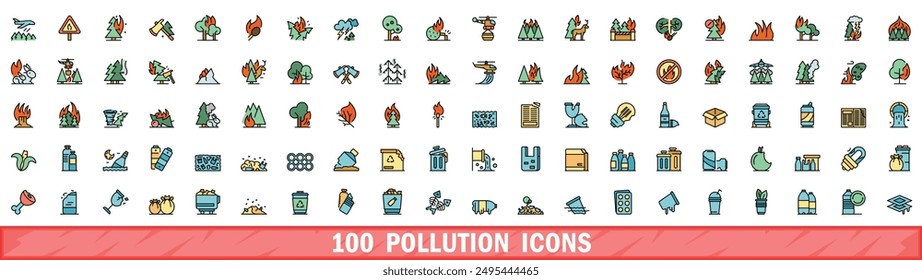 100 pollution icons set. Color line set of pollution vector icons thin line color flat on white