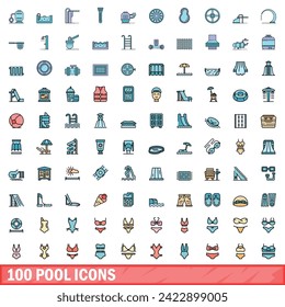 100 Billardsymbole gesetzt. Farbliniensatz der Vektorsymbole des Pools dünne Linie Farbe flach auf Weiß