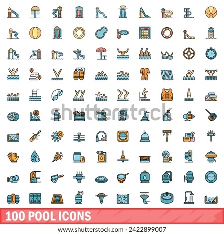 100 pool icons set. Color line set of pool vector icons thin line color flat on white