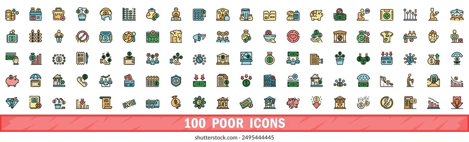 100 pobres iconos establecidos. Conjunto de línea de color de iconos vectoriales pobres línea fina color plana en blanco