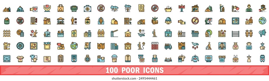 100 poor icons set. Color line set of poor vector icons thin line color flat on white