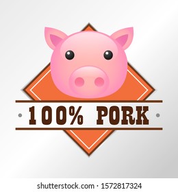 100% Pork Emoji Face Emblem. Vector Design. Illustration Country Symbol. Insignia Banner Logo.