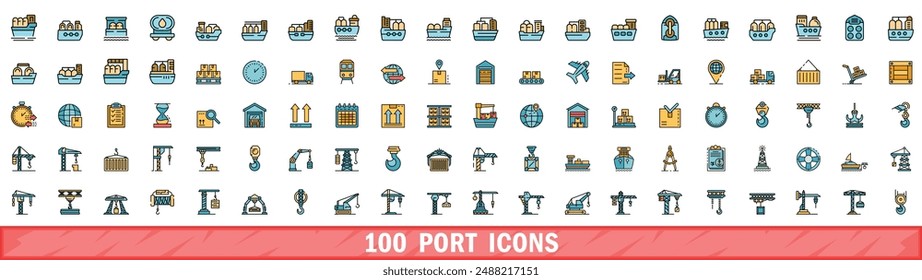 100 port icons set. Color line set of port vector icons thin line color flat on white