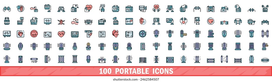 100 portable icons set. Color line set of portable vector icons thin line color flat on white