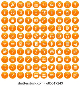 100 portable icons set in orange circle isolated on white vector illustration