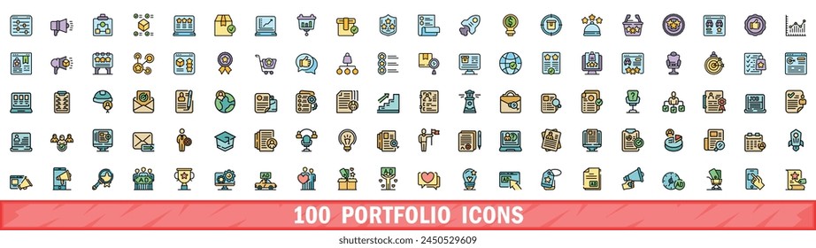 100 portfolio icons set. Color line set of portfolio vector icons thin line color flat on white