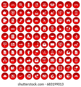 100 post and mail icons set in red circle isolated on white vector illustration