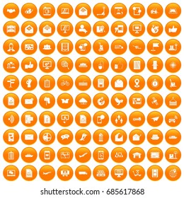 100 post and mail icons set in orange circle isolated on white vector illustration