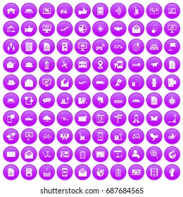 100 post and mail icons set in purple circle isolated on white vector illustration
