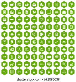 100 post and mail icons set in green hexagon isolated vector illustration