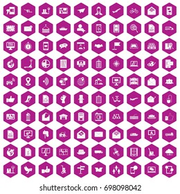 100 post and mail icons set in violet hexagon isolated vector illustration
