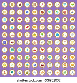 100 postal service icons set in cartoon style on purple background vector illustration
