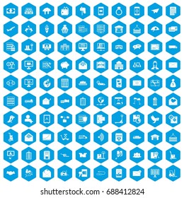 100 postal service icons set in blue hexagon isolated vector illustration