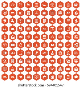 100 postal service icons set in orange hexagon isolated vector illustration