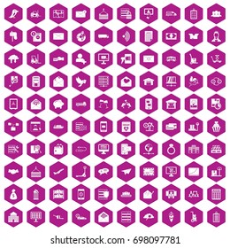 100 postal service icons set in violet hexagon isolated vector illustration