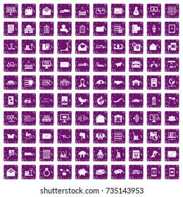 100 postal service icons set in grunge style purple color isolated on white background vector illustration