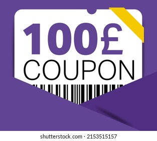 100 Pound Coupon promotion sale for a website, internet ads, social media gift 100 off discount voucher. Big sale and super sale coupon discount. Price Tag Mega Coupon discount vector illustration.