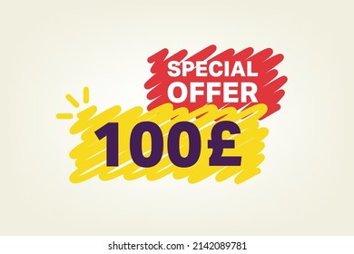 100 Pound OFF Sale Discount banner shape template. Super Sale 100 Special offer badge end of the season sale coupon bubble icon. Modern concept design. Discount offer price tag vector illustration.