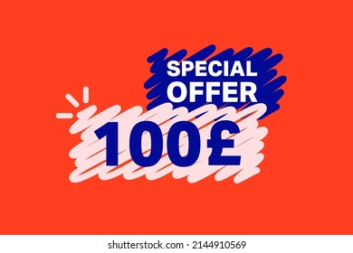 100 Pound OFF Sale Discount banner shape template. Super Sale 100 Special offer badge end of the season sale coupon bubble icon. Modern concept design. Discount offer price tag vector illustration.