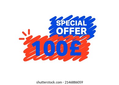 100 Pound OFF Sale Discount banner shape template. Super Sale 100 Special offer badge end of the season sale coupon bubble icon. Modern concept design. Discount offer price tag vector illustration.