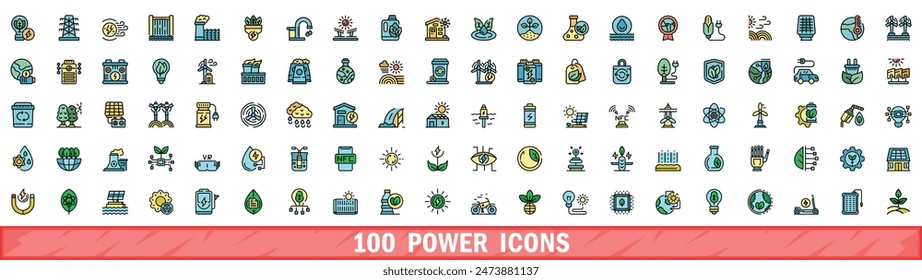 100 power icons set. Color line set of power vector icons thin line color flat on white