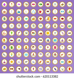 100 power industry icons set in cartoon style on purple background vector illustration