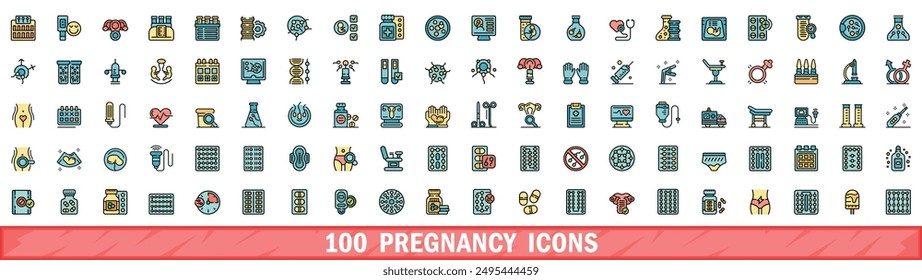 100 pregnancy icons set. Color line set of pregnancy vector icons thin line color flat on white