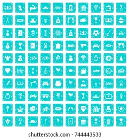 100 premium icons set in grunge style blue color isolated on white background vector illustration