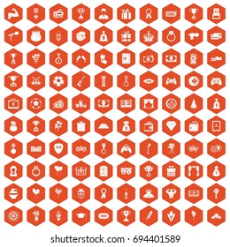 100 premium icons set in orange hexagon isolated vector illustration