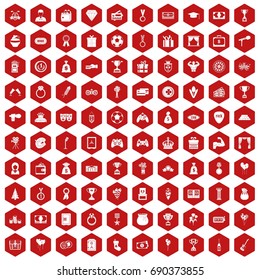 100 premium icons set in red hexagon isolated vector illustration