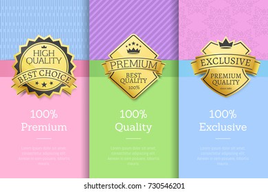 100 % premium quality exclusive brand high award set of posters with text on colorful backgrounds vector illustration banners collection