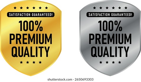 100% Premium Quality shield badges in gold and silver with satisfaction guaranteed text for product trust and branding