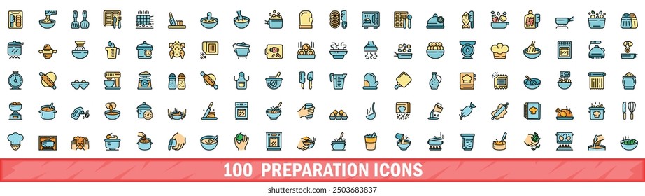 100 preparation icons set. Color line set of preparation vector icons thin line color flat on white