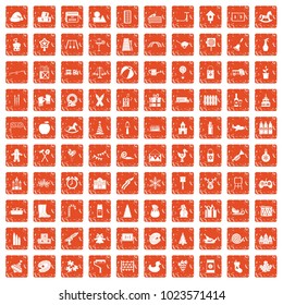 100 preschool education icons set in grunge style orange color isolated on white background vector illustration