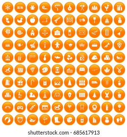 100 preschool education icons set in orange circle isolated on white vector illustration