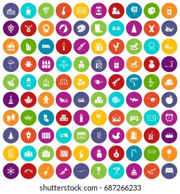100 preschool education icons set in different colors circle isolated vector illustration