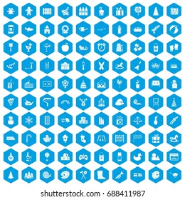 100 preschool education icons set in blue hexagon isolated vector illustration